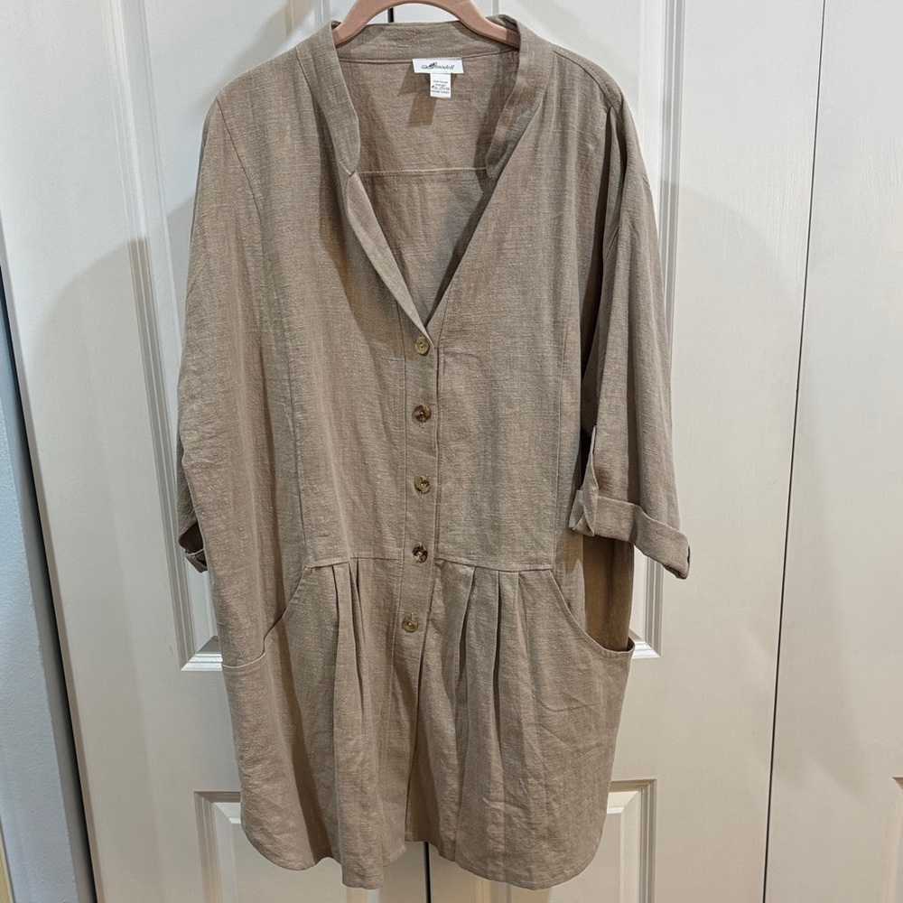 European Tan Linen Button-Up Tunic Dress Plus size 1X-3X